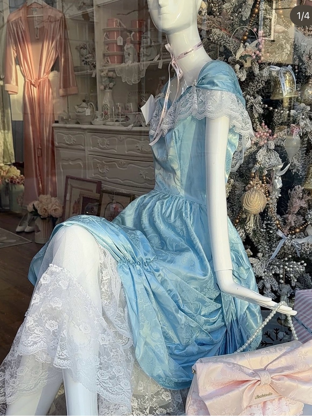 Powder Blue Rococo Bustle Gown | Vintage Lace & Satin Dream XS/S